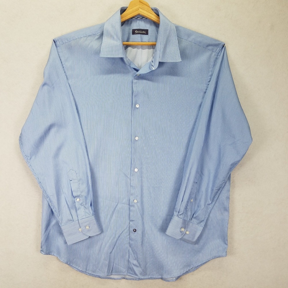Robert Graham Shirt Mens XL 18 46 Blue Stripe Cotton Flip Cuff Designer Classic